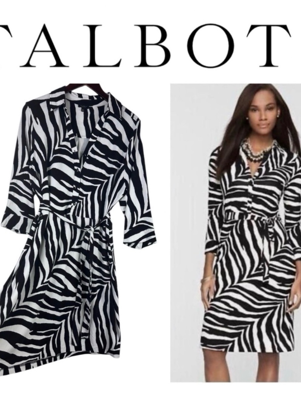 Talbots Zebra-Print Black & White Shirt Dress, Medium, Self tie belt, EUC